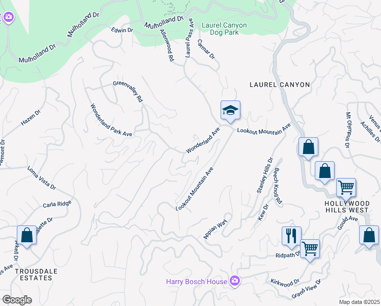 map of restaurants, bars, coffee shops, grocery stores, and more near 8632 Wonderland Avenue in Los Angeles