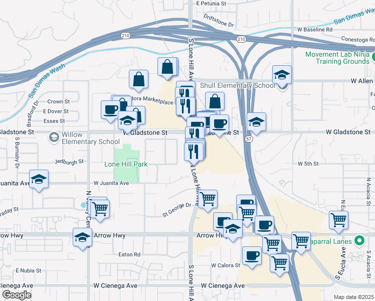 map of restaurants, bars, coffee shops, grocery stores, and more near 533 North Lone Hill Avenue in San Dimas