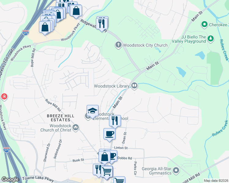 map of restaurants, bars, coffee shops, grocery stores, and more near 7776 Main Street in Woodstock