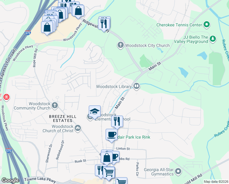 map of restaurants, bars, coffee shops, grocery stores, and more near 7776 Main Street in Woodstock