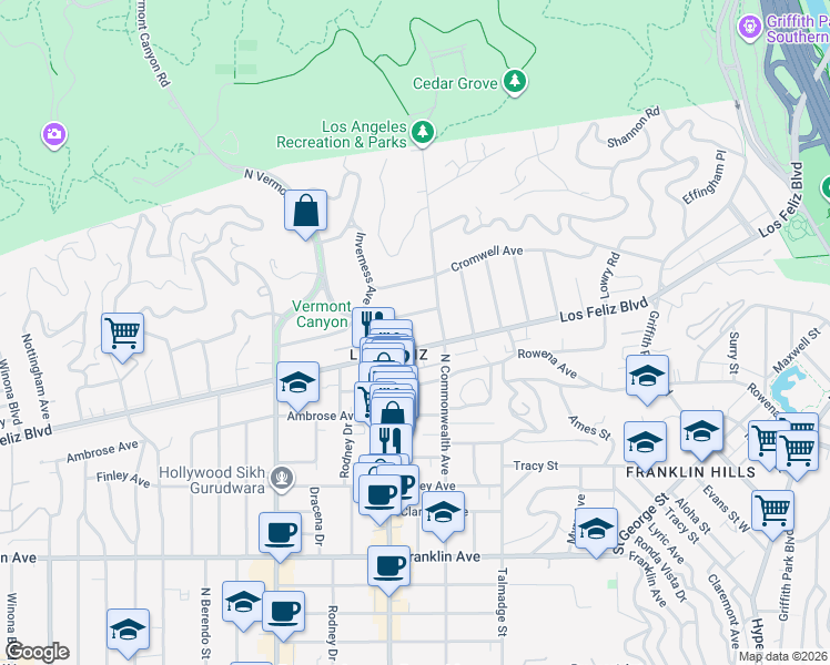 map of restaurants, bars, coffee shops, grocery stores, and more near 4455 Los Feliz Boulevard in Los Angeles