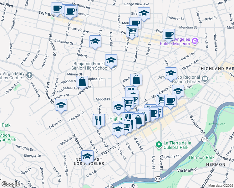 map of restaurants, bars, coffee shops, grocery stores, and more near 5423 Abbott Place in Los Angeles