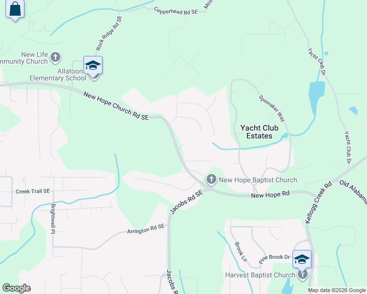map of restaurants, bars, coffee shops, grocery stores, and more near 3948 New Hope Church Road Southeast in Acworth