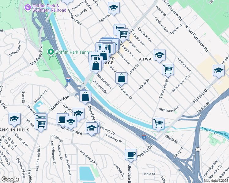 map of restaurants, bars, coffee shops, grocery stores, and more near 3401 Greensward Road in Los Angeles