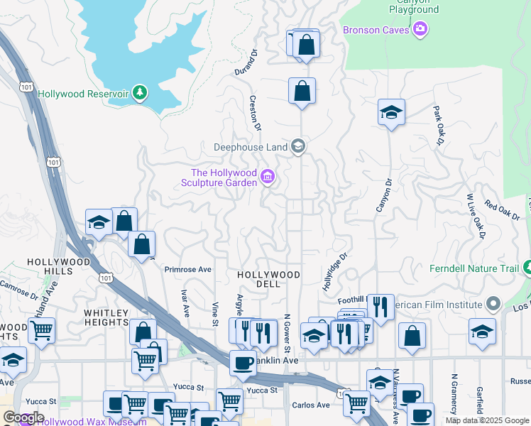 map of restaurants, bars, coffee shops, grocery stores, and more near 2679-2687 North Beachwood Drive in Los Angeles
