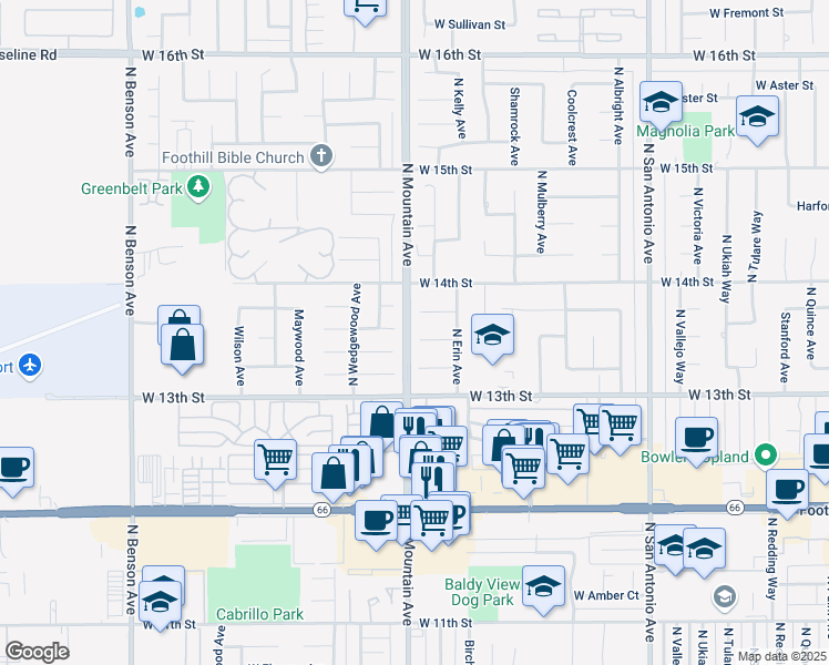 map of restaurants, bars, coffee shops, grocery stores, and more near 1193 West Molly Court in Upland