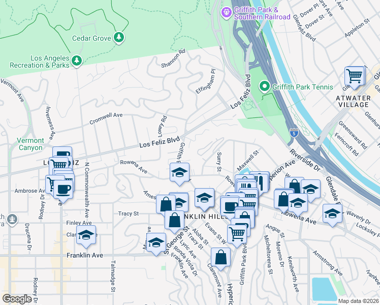 map of restaurants, bars, coffee shops, grocery stores, and more near 3356 Bellota Way in Los Angeles