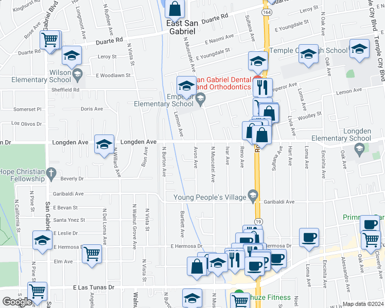 map of restaurants, bars, coffee shops, grocery stores, and more near 6247 Avon Avenue in San Gabriel