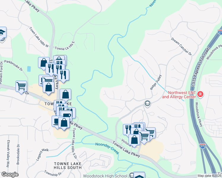 map of restaurants, bars, coffee shops, grocery stores, and more near 509 Old Field Cove in Woodstock