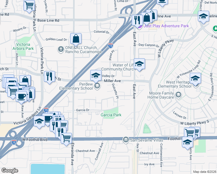map of restaurants, bars, coffee shops, grocery stores, and more near 13108 Gabay Court in Rancho Cucamonga