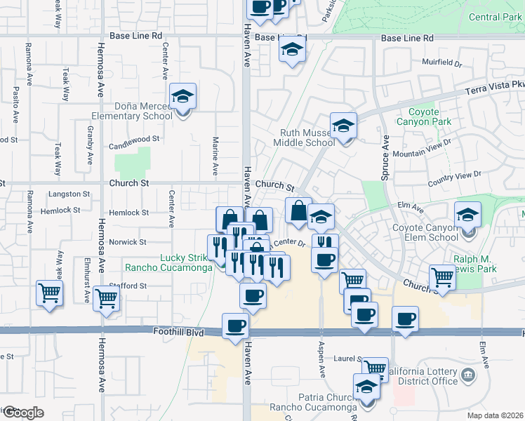 map of restaurants, bars, coffee shops, grocery stores, and more near 10519 Wilding Drive in Rancho Cucamonga