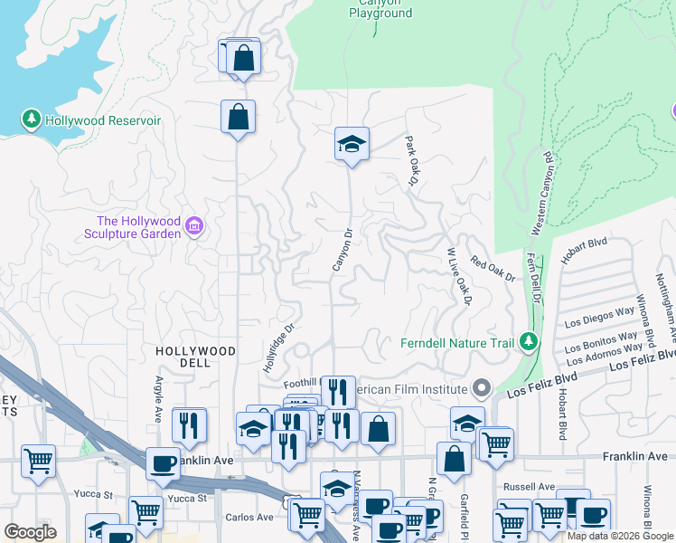 map of restaurants, bars, coffee shops, grocery stores, and more near 2300 Canyon Drive in Los Angeles