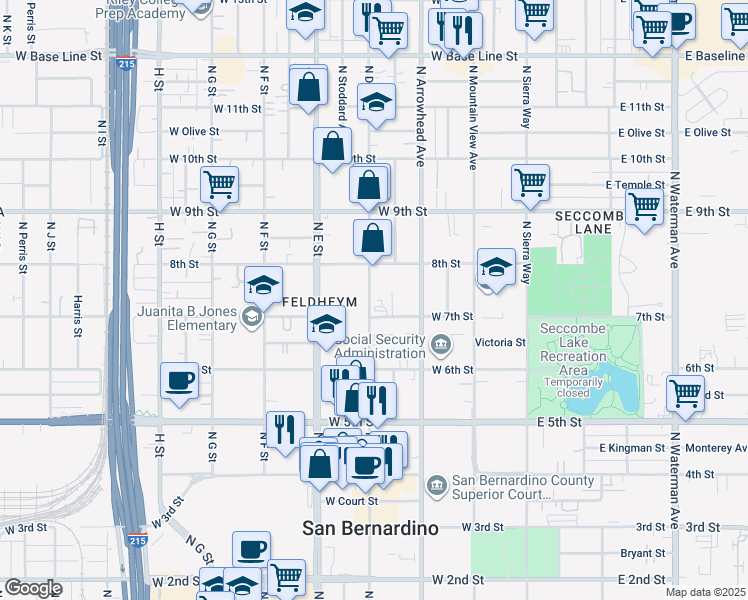 map of restaurants, bars, coffee shops, grocery stores, and more near 723 North D Street in San Bernardino