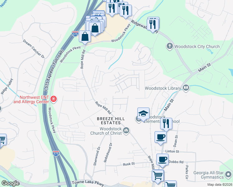 map of restaurants, bars, coffee shops, grocery stores, and more near 929 Magnolia Leaf Drive in Woodstock