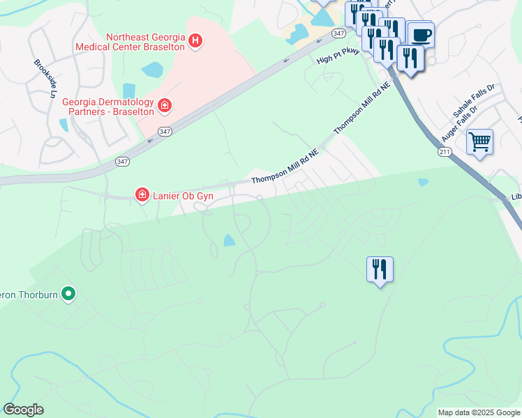 map of restaurants, bars, coffee shops, grocery stores, and more near 2630 Shumard Oak Drive in Braselton