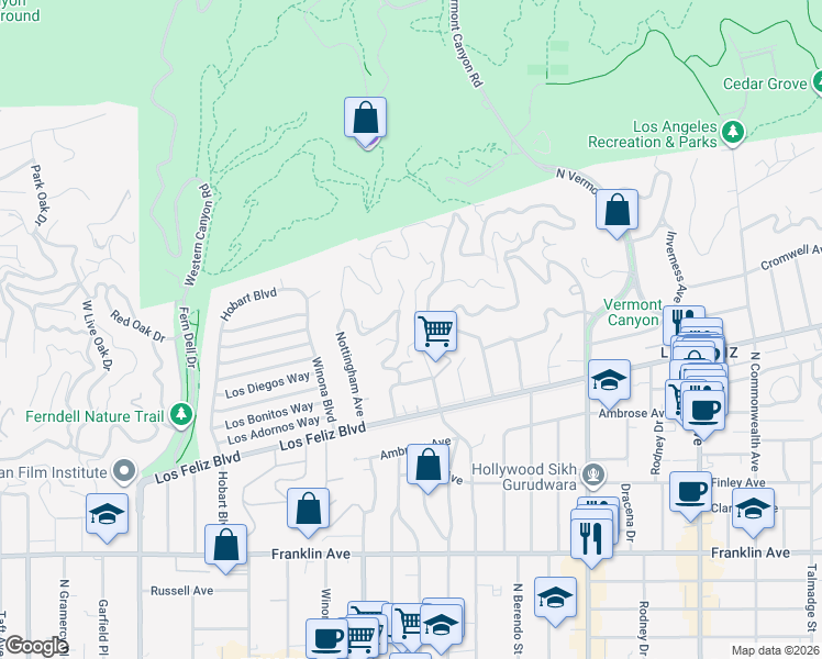 map of restaurants, bars, coffee shops, grocery stores, and more near 2329 North Edgemont Street in Los Angeles