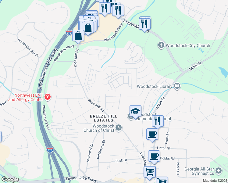 map of restaurants, bars, coffee shops, grocery stores, and more near 726 Breeze Lane in Woodstock