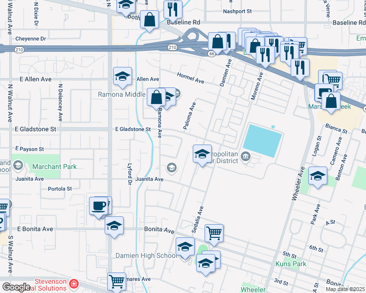 map of restaurants, bars, coffee shops, grocery stores, and more near 540 Lesmar Drive in La Verne