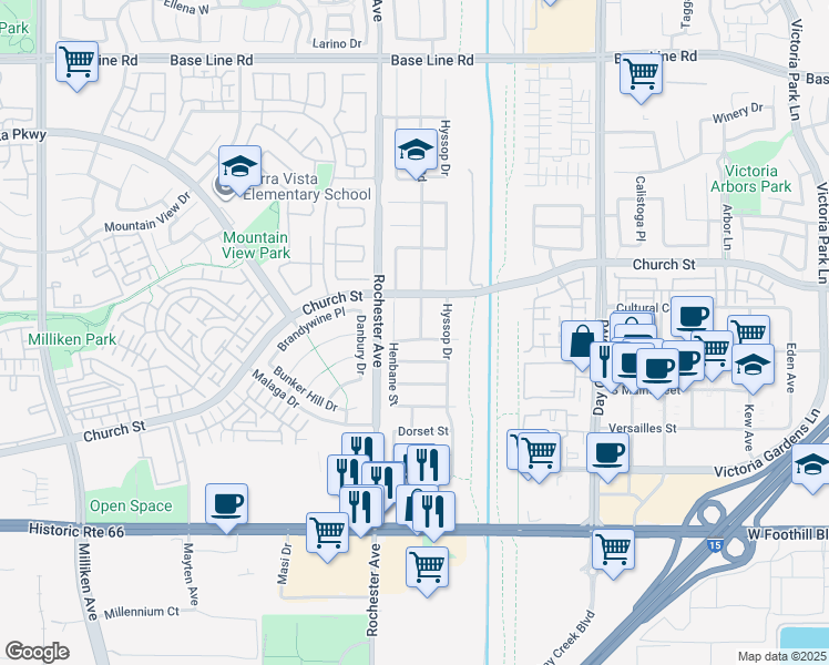 map of restaurants, bars, coffee shops, grocery stores, and more near 7770 Fennel Road in Rancho Cucamonga
