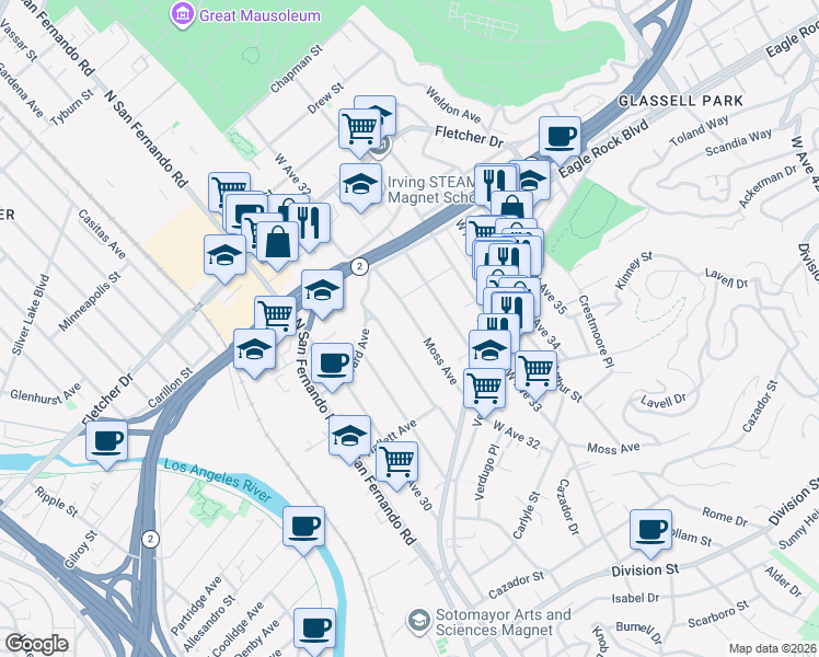 map of restaurants, bars, coffee shops, grocery stores, and more near 2814 Moss Avenue in Los Angeles