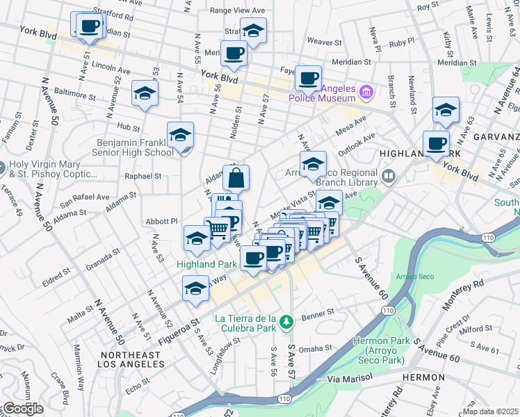 map of restaurants, bars, coffee shops, grocery stores, and more near 329 North Avenue 57 in Los Angeles