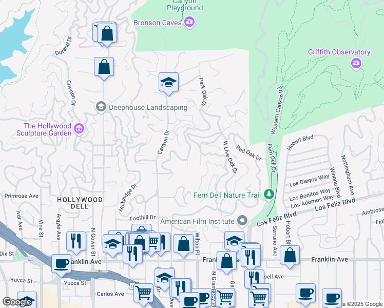 map of restaurants, bars, coffee shops, grocery stores, and more near 5537 Tuxedo Terrace in Los Angeles