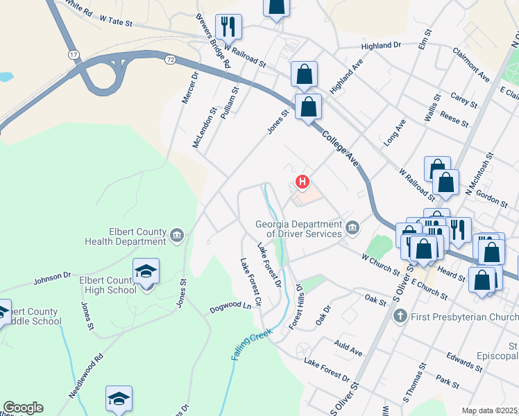 map of restaurants, bars, coffee shops, grocery stores, and more near 131 Brookwood Circle in Elberton