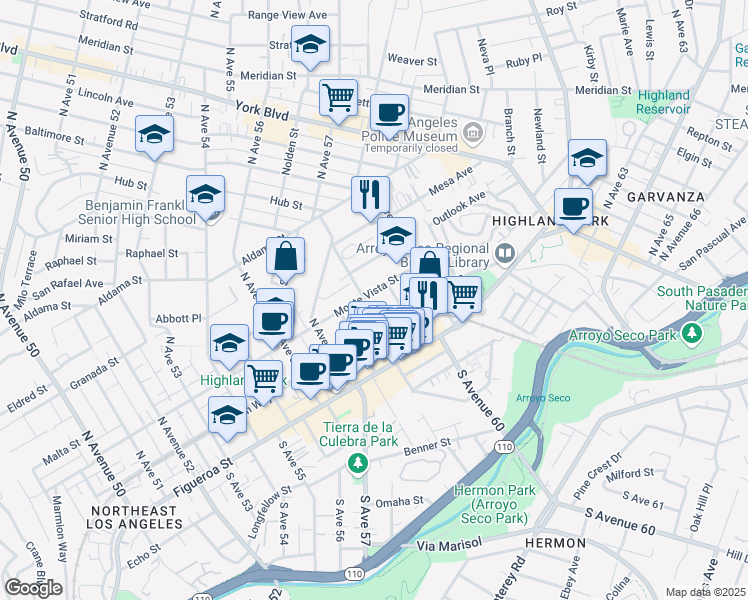 map of restaurants, bars, coffee shops, grocery stores, and more near 5902 Monte Vista Street in Los Angeles