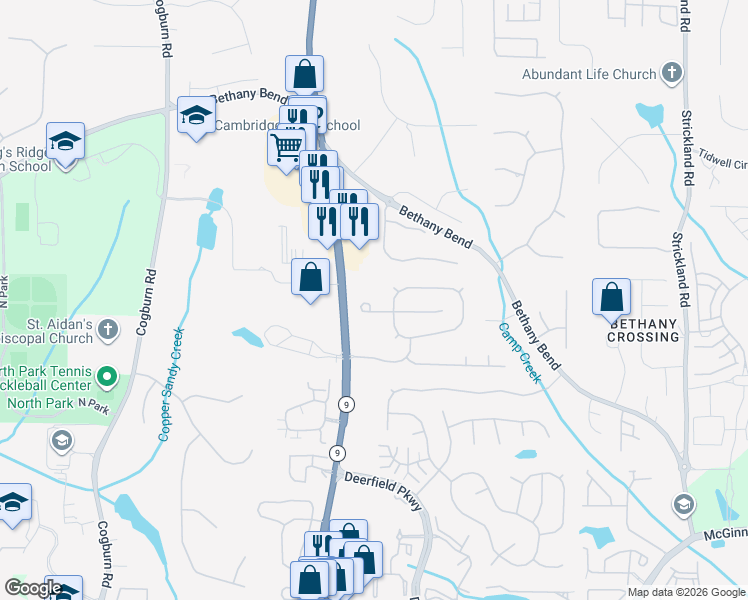 map of restaurants, bars, coffee shops, grocery stores, and more near 735 Soneley Court in Alpharetta