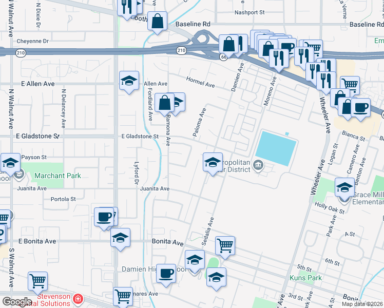 map of restaurants, bars, coffee shops, grocery stores, and more near 540 Lesmar Drive in La Verne