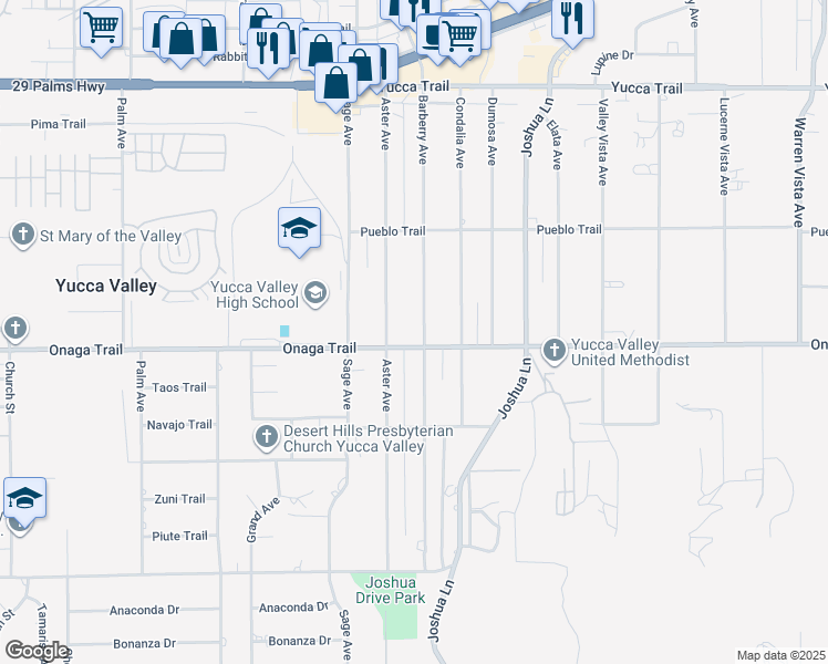 map of restaurants, bars, coffee shops, grocery stores, and more near 7657 Aster Avenue in Yucca Valley