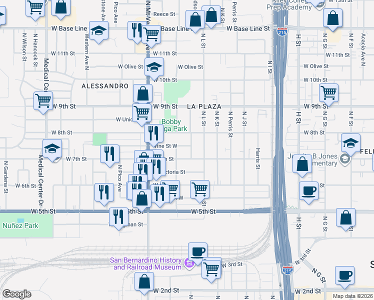 map of restaurants, bars, coffee shops, grocery stores, and more near 1160 Vine Street West in San Bernardino