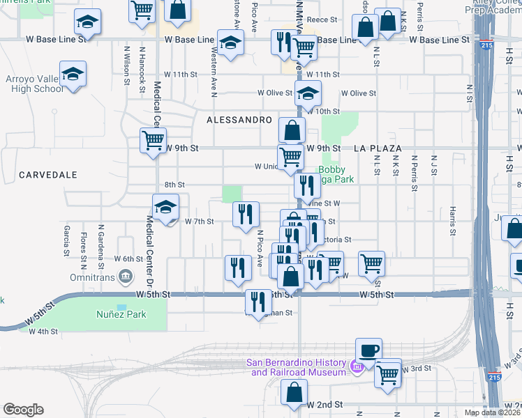 map of restaurants, bars, coffee shops, grocery stores, and more near 1424 Vine Street West in San Bernardino