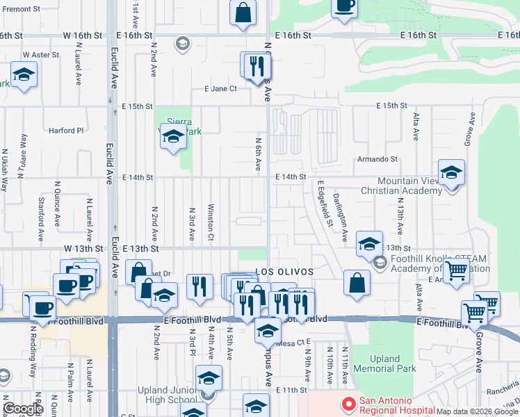 map of restaurants, bars, coffee shops, grocery stores, and more near 1362 Bouquet Drive in Upland