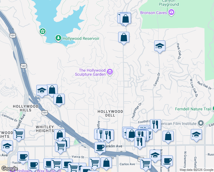 map of restaurants, bars, coffee shops, grocery stores, and more near 2374 Creston Drive in Los Angeles