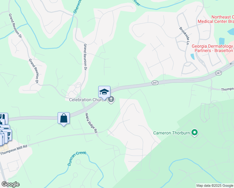 map of restaurants, bars, coffee shops, grocery stores, and more near 5614 Thompson Mill Road in Hoschton