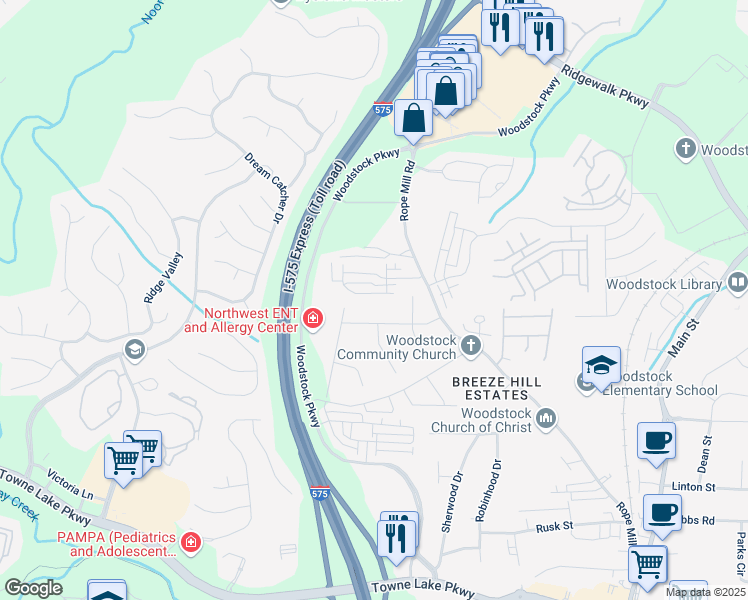 map of restaurants, bars, coffee shops, grocery stores, and more near 319 Riverton Way in Woodstock