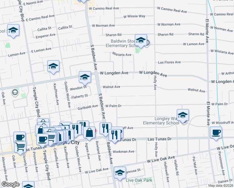 map of restaurants, bars, coffee shops, grocery stores, and more near 541 Rosemarie Drive in Arcadia