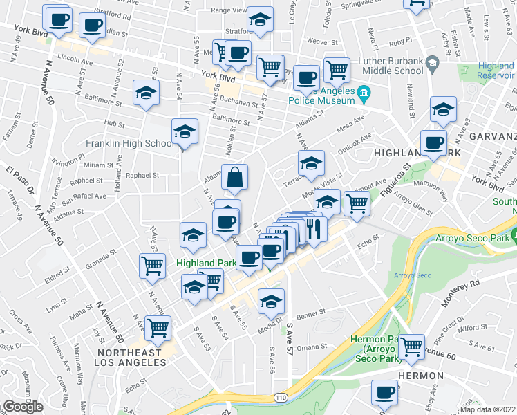 map of restaurants, bars, coffee shops, grocery stores, and more near 329 North Avenue 57 in Los Angeles