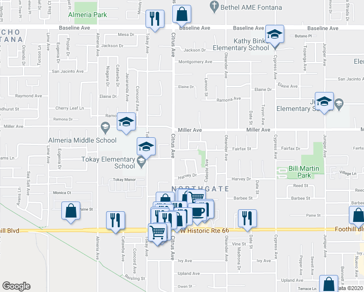map of restaurants, bars, coffee shops, grocery stores, and more near 7783 Cartilla Avenue in Fontana