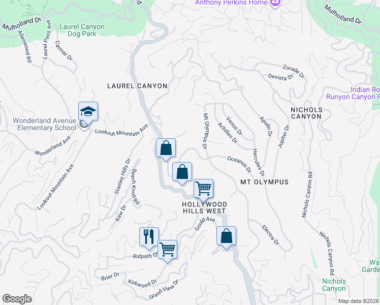 map of restaurants, bars, coffee shops, grocery stores, and more near 8100 Laurelmont Drive in Los Angeles