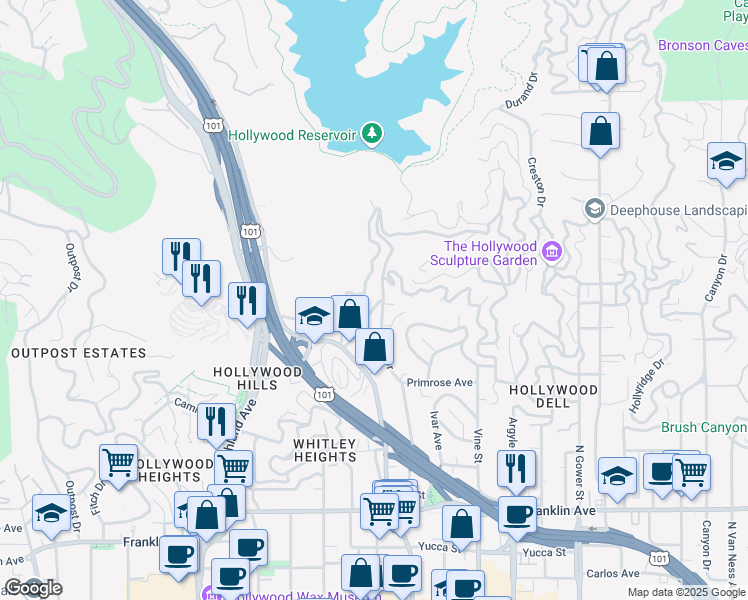 map of restaurants, bars, coffee shops, grocery stores, and more near 2285 La Granada Drive in Los Angeles