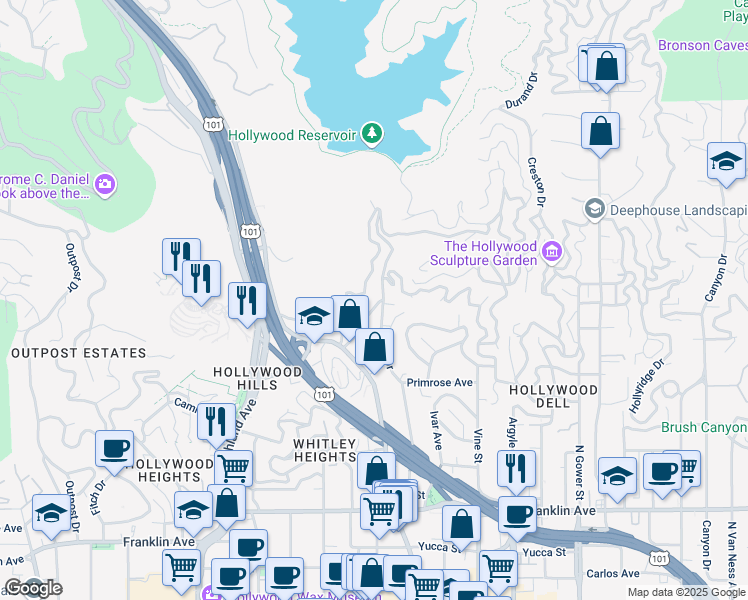 map of restaurants, bars, coffee shops, grocery stores, and more near 2285 La Granada Drive in Los Angeles