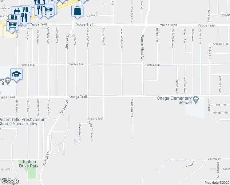 map of restaurants, bars, coffee shops, grocery stores, and more near 57528 Onaga Trail in Yucca Valley