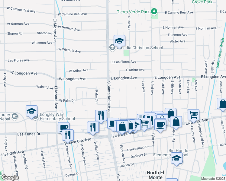 map of restaurants, bars, coffee shops, grocery stores, and more near 2300 South Santa Anita Avenue in Arcadia