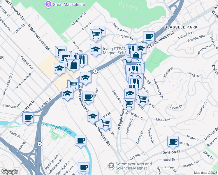 map of restaurants, bars, coffee shops, grocery stores, and more near 2814 Moss Avenue in Los Angeles