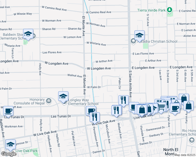 map of restaurants, bars, coffee shops, grocery stores, and more near 2300 Sewanee Lane in Arcadia