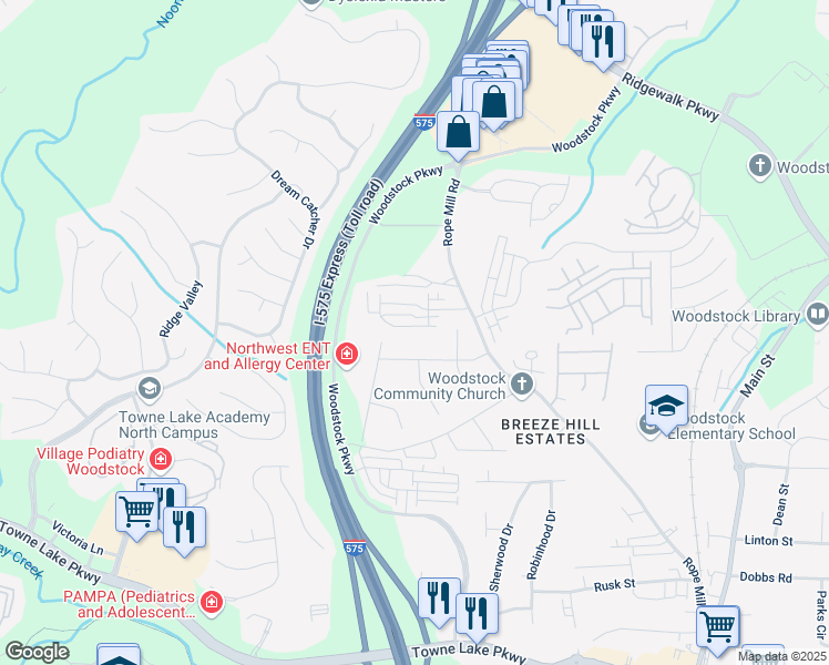 map of restaurants, bars, coffee shops, grocery stores, and more near 319 Riverton Way in Woodstock