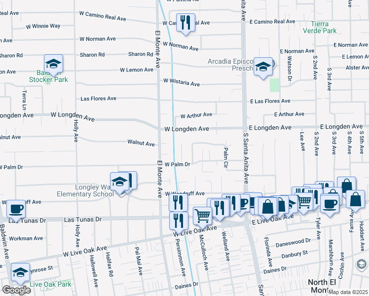 map of restaurants, bars, coffee shops, grocery stores, and more near 2300 Sewanee Lane in Arcadia
