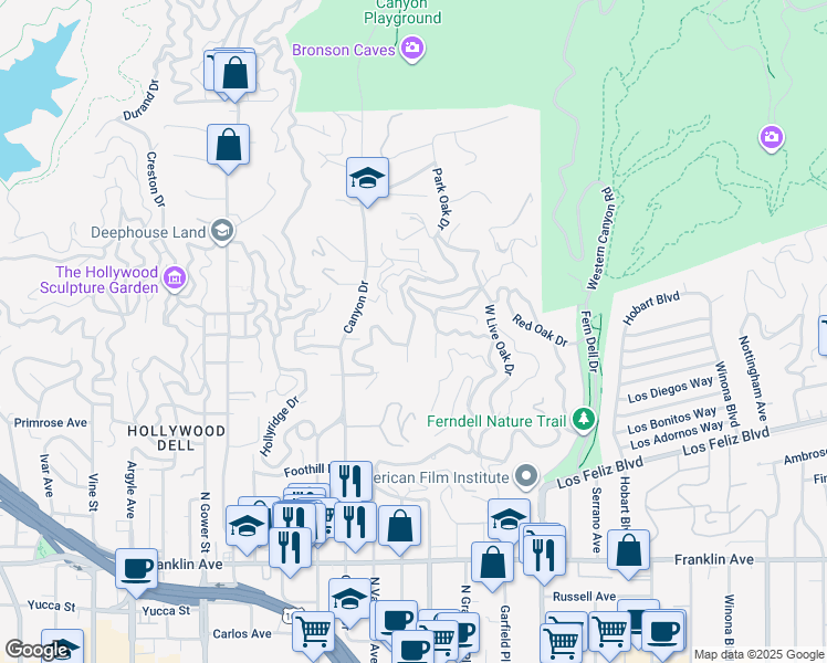 map of restaurants, bars, coffee shops, grocery stores, and more near 5537 Tuxedo Terrace in Los Angeles